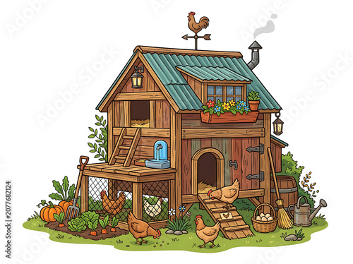 Cozy Wooden Chicken Coop Illustration with Hens Garden and Pumpkins