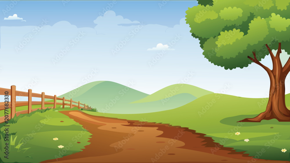 Fototapeta premium Rolling hills landscape with a dirt path and fence
