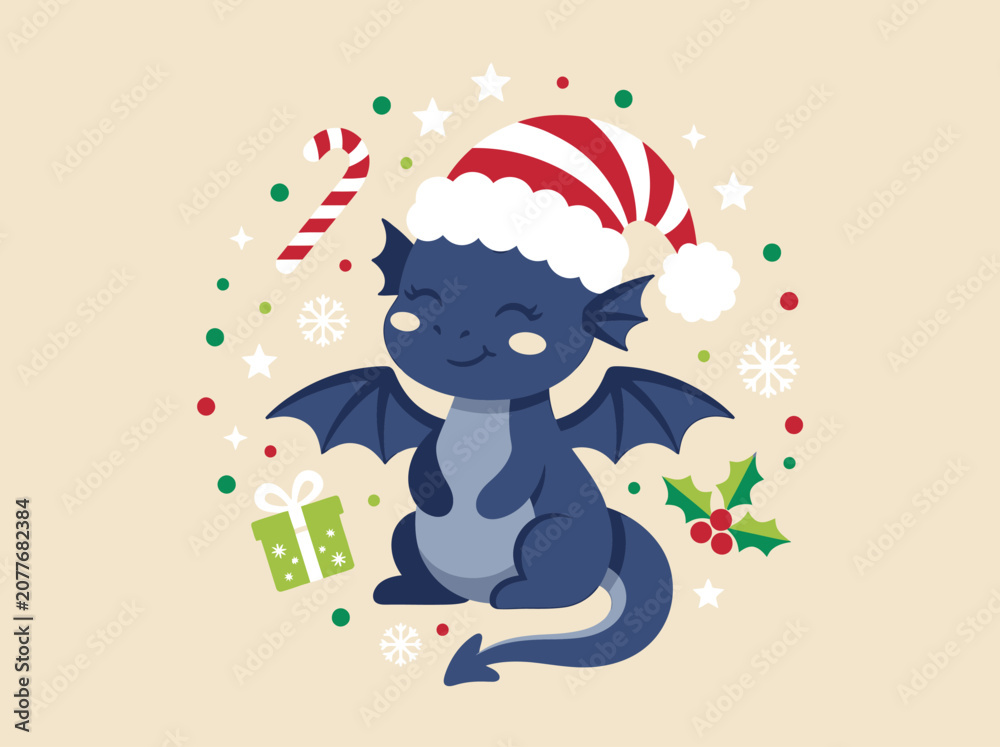 Naklejka premium Cute Christmas Blue Dragon Wearing Santa Hat Vector Illustration