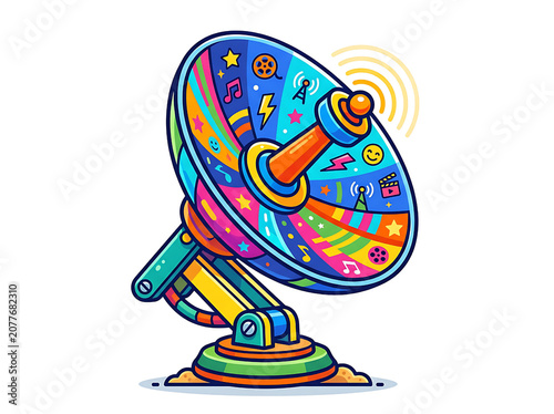 Colorful Satellite Dish Illustration with Multimedia Icons for Broadcasting