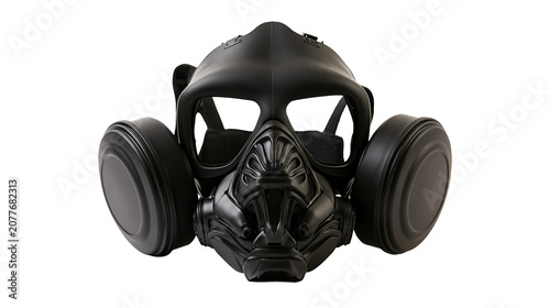 Photos Black tactical gas mask with dual filters and detailed faceplate