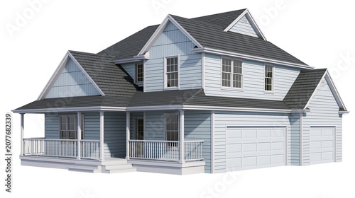 Quadro su tela Light blue siding two story house with dark gray roof and white porch