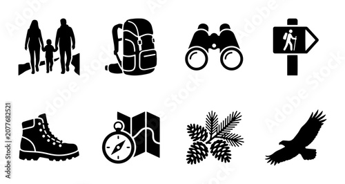 Foto Outdoor Adventure Icons Set: Hiking Boots, Backpack, Binoculars, Compass, Map, F