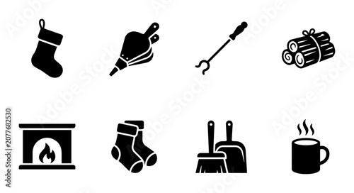Tableau sur toile Cozy Winter Fireplace Icons: Christmas Stockings, Firewood, Bellows, Mug, Broom