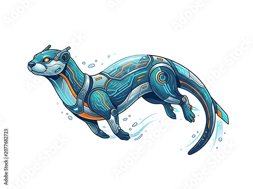 Futuristic Cybernetic Otter Robot Swimming in Water Digital Illustration