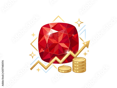 Gemstone Investment Growth Concept with Red Ruby Gold Coins and Arrow