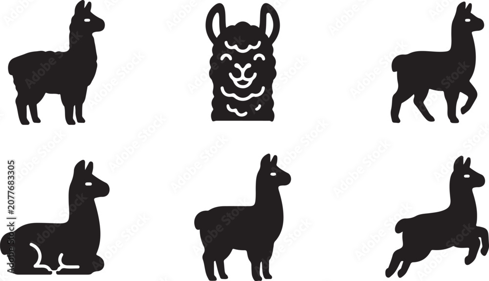 Fototapeta premium Black silhouette illustrations of llamas in different poses Vector