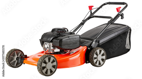 Foto Orange and black gasoline lawn mower with grass catcher