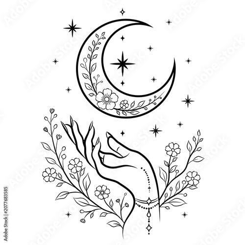Mystical Hand and Crescent Moon Botanical Line Art Transparent PNG