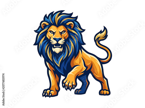 Majestic Golden Lion Mascot with Blue Mane Full Body Vector Illustration