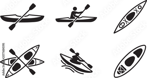 Six different types of kayaks and canoes with paddles illustration Vector