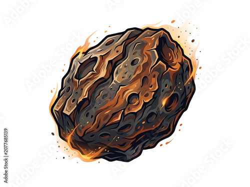 Burning Meteorite Illustration with Fire and Craters on White Background