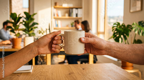Tableau sur toile Photograph of two people's hands passing a ceramic coffee mug in a bustling modern office environment