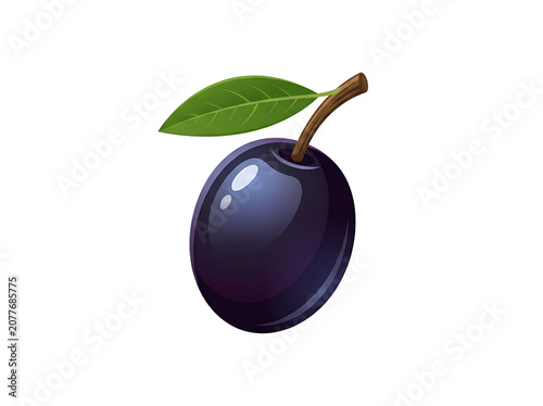 Realistic illustration of a ripe purple plum fruit with stem and leaf