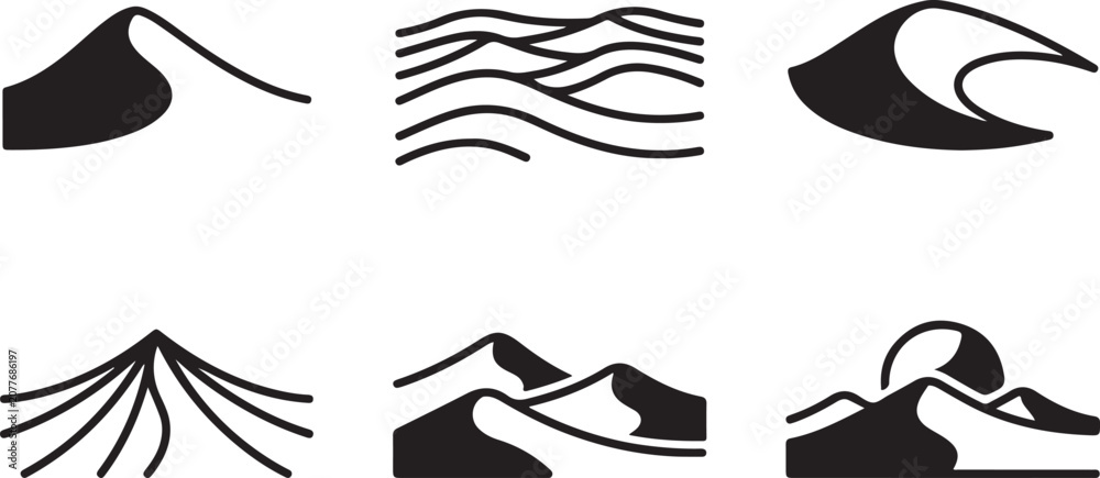 Fototapeta premium Black and white vector icons showing different types of waves and water flows Vector