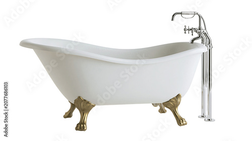 Bild auf Leinwand White clawfoot bathtub with ornate gold legs and chrome faucet