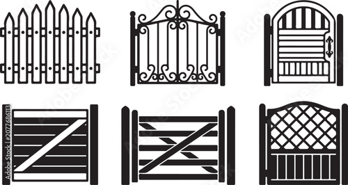 Tableau sur toile Six different styles of black and white metal and wooden fence gates and picket