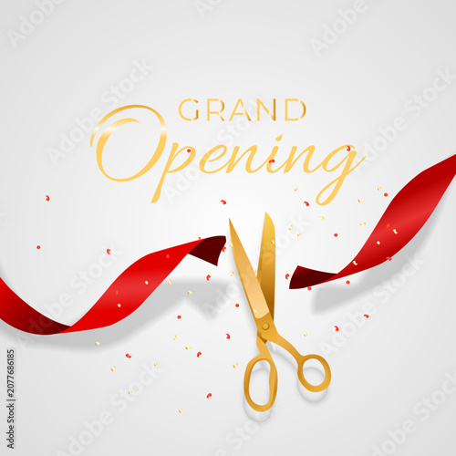 Grand opening celebration with red ribbon and golden scissors on white background