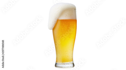 Schilderij op canvas Tall glass of golden beer with overflowing foam head