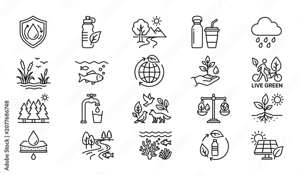 Obraz premium Eco Hydration and Nature Outline Icon Collection for Sustainable Living