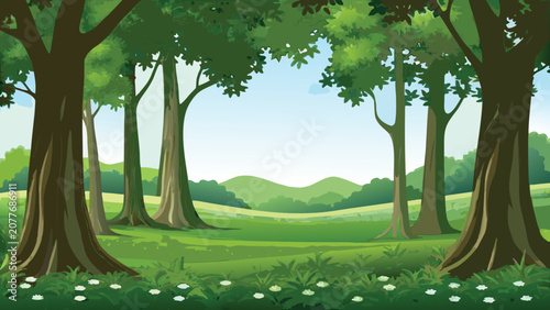 Canvastavla Forest Landscape With Green Hills And Trees Vector Illustration