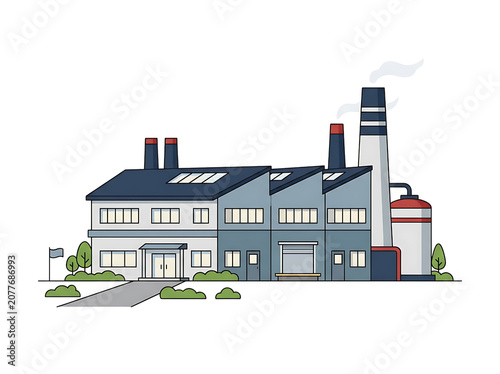 Modern Industrial Factory Building with Chimneys Flat Vector Illustration