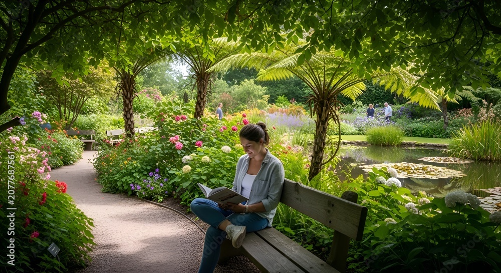Fototapeta premium Woman Reading Alone on a Bench in a Lush Botanical Garden