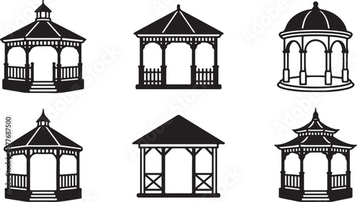 Tableau sur toile Six different gazebo styles with black and white vector illustration Vector