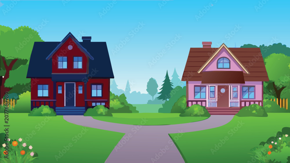 Naklejka premium Two colorful houses with scenic landscape vector illustration
