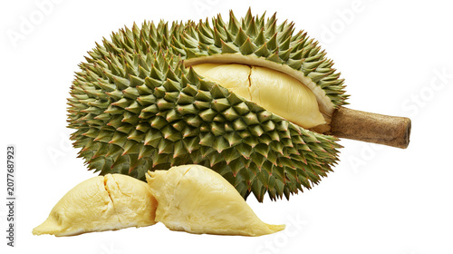 Canvastavla Spiky green durian fruit with creamy yellow flesh exposed