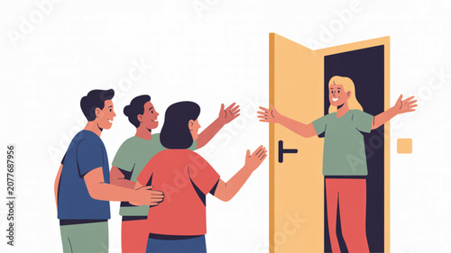Happy group of friends welcoming a person at the door, representing hospitality, reunion, and warm social connection concepts.