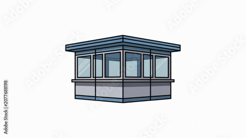 Modern glass-walled security guard booth station for controlled facility access and surveillance monitoring in professional business environments.