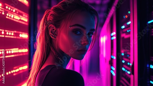 Neon woman in server room
