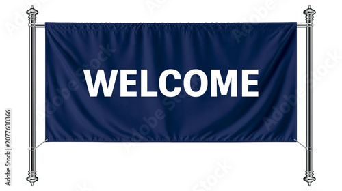 Navy blue welcome banner on silver poles