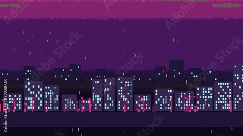 Panning camera revealing pixel-art street stretches, pedestrians shifting in rain with cyan windows