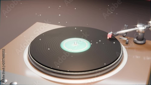 Playback starting turntable moving tonearm toward mint label record to play, with pink tip and halo
