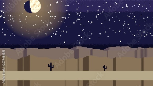 Animating pixel desert canyon night for simple loop, stars flickering, moon halo pulsing, strip