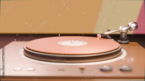Rotating turntable with pink vinyl at nook, platter spinning and tonearm lowering to play record