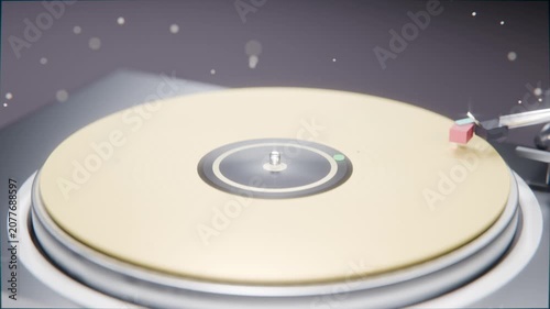 Cueing deck rotating on gray plinth gold vinyl turning while tonearm dropping red stylus playing