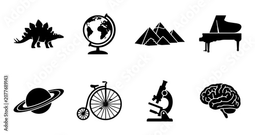 Fotografie Diverse Icon Set: Dinosaur, Globe, Mountains, Piano, Planet, Bicycle, Microscope