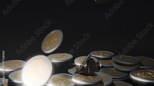 Falling from above gold-center, silver-rimmed coins striking stacks on dark plane, producing flares