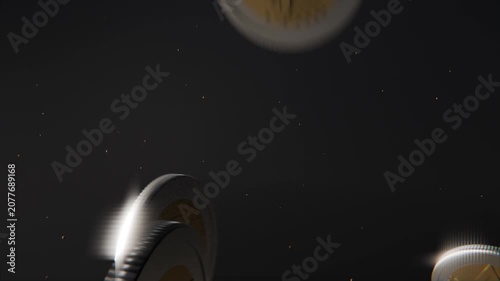 Falling metal coins tumbling and settling after offscreen release in dark void, with blur halos