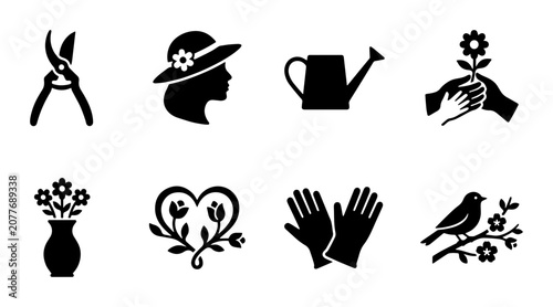 Tableau sur toile Gardening Icons Set: Pruning Shears, Woman's Hat, Watering Can, Planting Hands,
