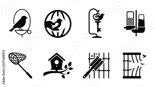 Tableau sur toile Bird Icons Set: Cages, Feeders, Nets, and Houses, Vector Graphics