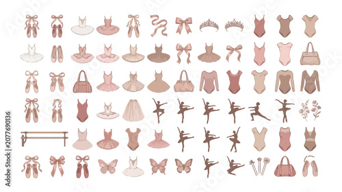 Elegant ballet icons set, pink ballerina clothing and dance accessories vector, 75 ballet elements including tutus and pointe shoes for girls