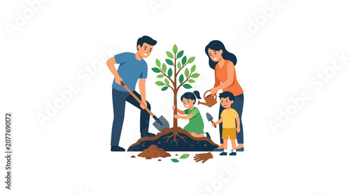 Family planting tree together outdoors in garden with tools