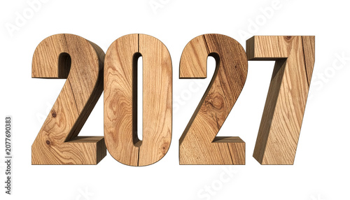 2027 New Year Text Design in Natural 3D Wooden Numbers