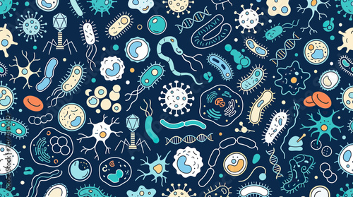 Cuadro en lienzo Microscopic Bacteria and Viruses Pattern - Colorful Microorganism Illustration