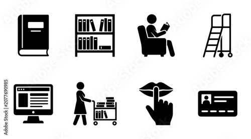 Canvastavla Library icon set book shelf computer person reading ladder book cart ID card, UI