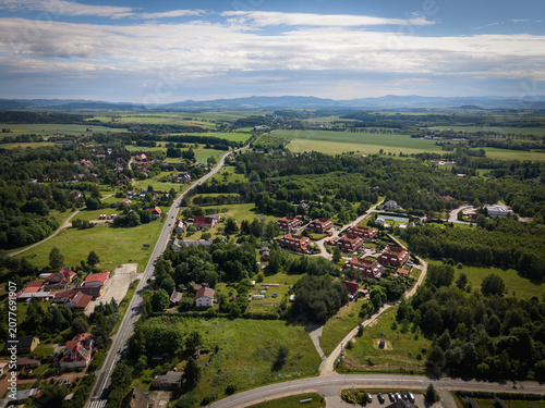Aerial photograph of Polanica-Zdrój’s surroundings with the Sudety Mountains and Route 8